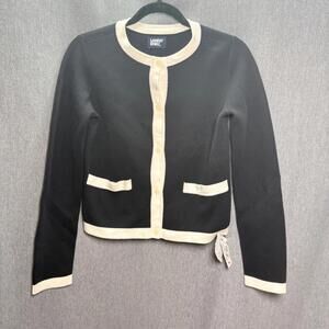 Lands' End Women's XXS (Size 0) Black White Crew Neck Crop Cardigan Preppy